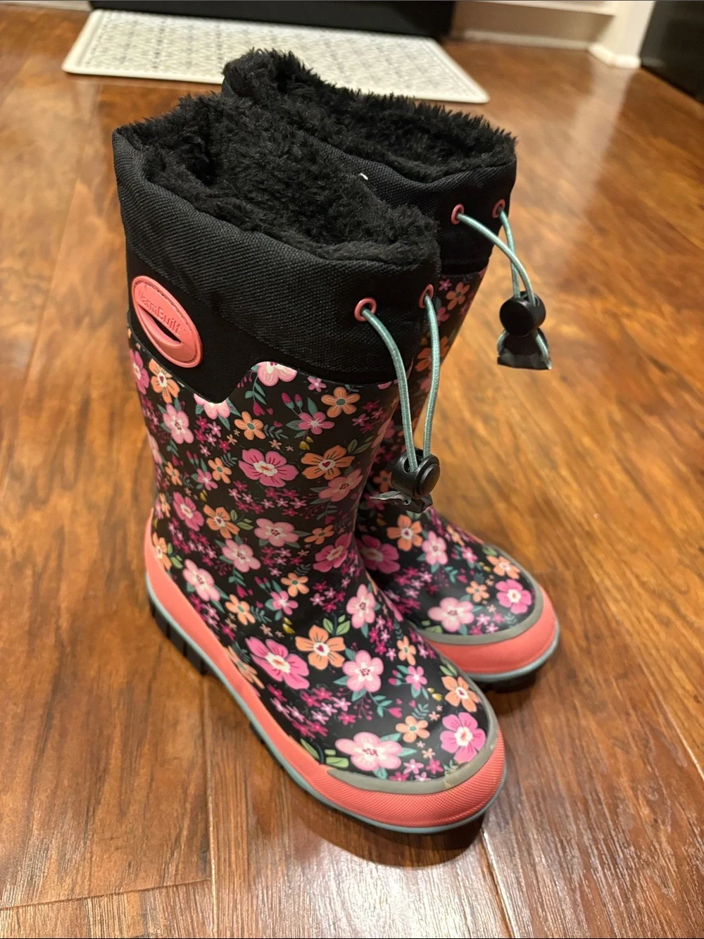 Girls Floral Winter Rain Boots with Fleece Lining - Pink & Black